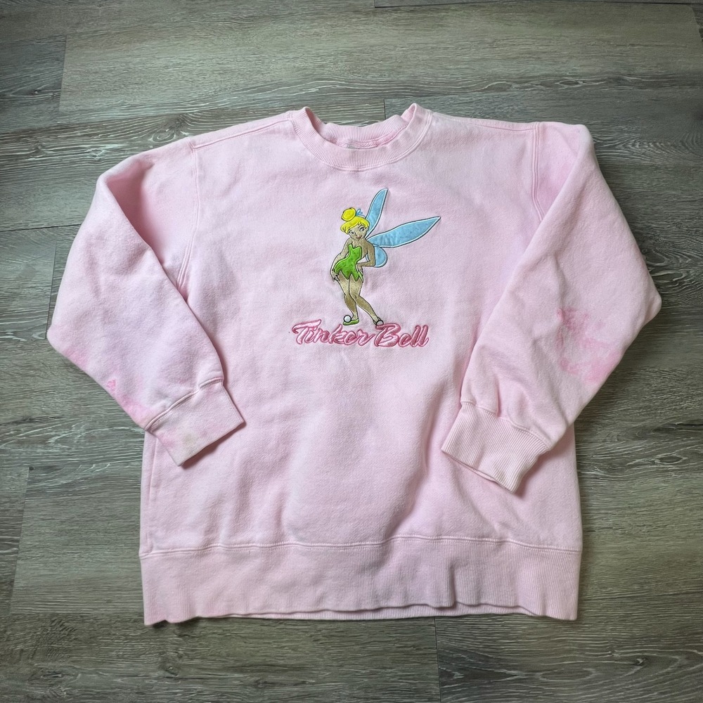 Disney Store Tinker Bell Sweatshirt Girls‎ L 10/12 Pink Embroidered Crewneck